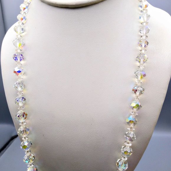 AB Crystal Graduated Necklace, Aurora Borealis Vintage Clear Faceted Beads - Picture 3 of 4